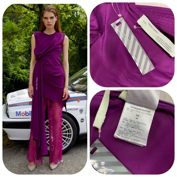 Auc NWT Off-White "Floral Print Here" Asymmetric Crepe De Chine Dress - Picture 15 of 17